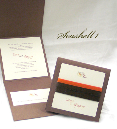 Invitation Seashell1: Brown Pearl, Cream Smooth, Brown Ribbon, Brown Ribbon, Orange Ribbon