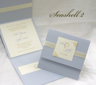Invitation Seashell2: Blue Plasma Pearl, Cream Smooth, Cream Ribbon, Cream Ribbon