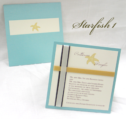 Invitation Starfish1: Tiffany Pearl, Cream Smooth, Brown Ribbon, Cream Ribbon, Gold Ribbon