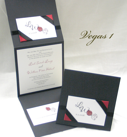 Invitation Vegas1: Black Linen, White Smooth, Black Ribbon, Red Ribbon