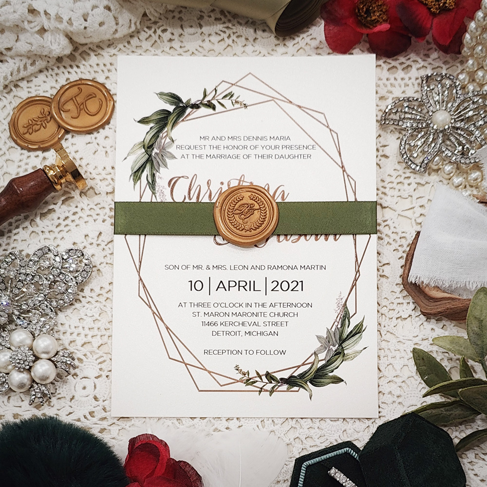 Invitation 5305: Ivory Shimmer, Gold Wax, Sage Ribbon - uv printed invite on ivory shimmer with satin ribbon and wax seal