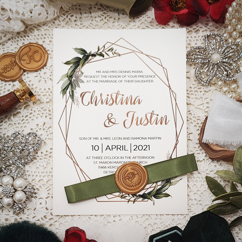 Invitation 5305: Ivory Shimmer, Gold Wax, Sage Ribbon - uv printed invite on ivory shimmer with satin ribbon and wax seal