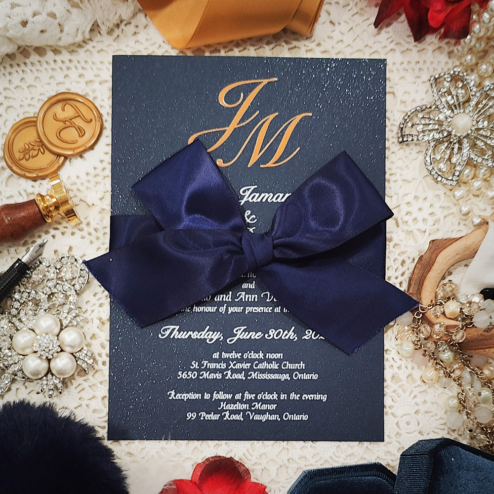 Invitation 5306: Navy Pearl, Navy Ribbon - navy uv printed invitation with navy bow