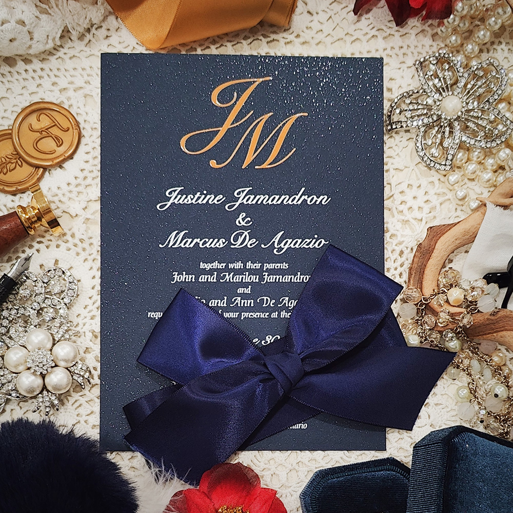 Invitation 5306: Navy Pearl, Navy Ribbon - navy uv printed invitation with navy bow