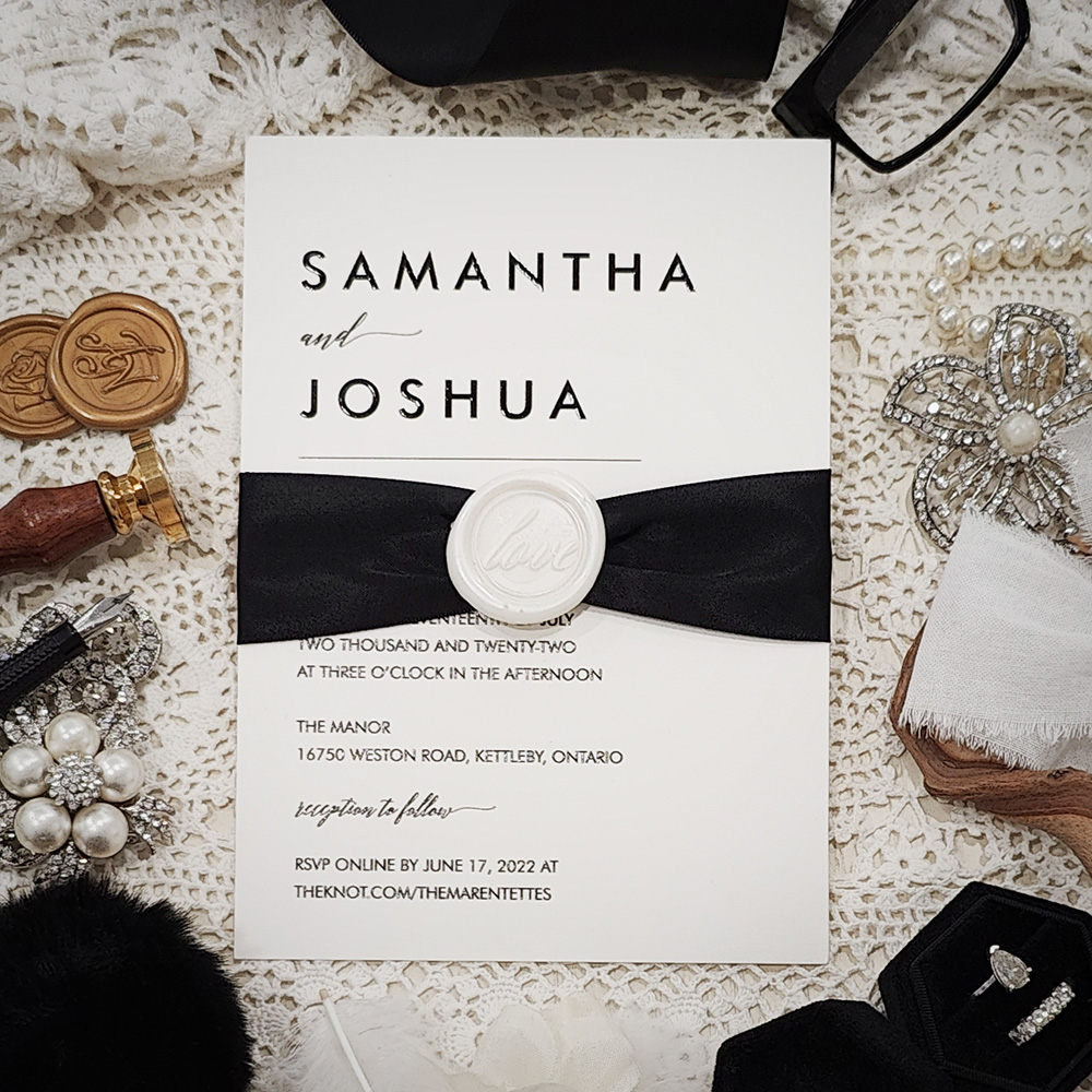 Invitation 5307: Ivory Shimmer, Ivory Wax, Black Ribbon - uv printed invite on ivory shimmer with black ribbon and ivory wax seal