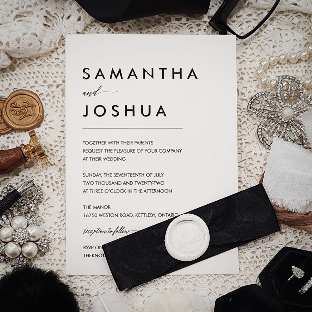 Invitation 5307: Ivory Shimmer, Ivory Wax, Black Ribbon - uv printed invite on ivory shimmer with black ribbon and ivory wax seal