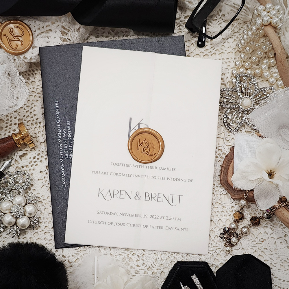 Invitation 3200: Antique Pearl, Gold Wax - Simple and elegant wedding invitation with a vellum wrap and gold wax seal.