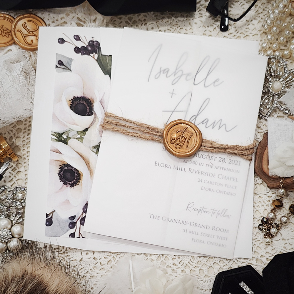 Invitation 3208: Matte White, Gold Wax, Twine Ribbon - Single card printed on white with a clear vellum wrap, twine and gold wax seal combo around.