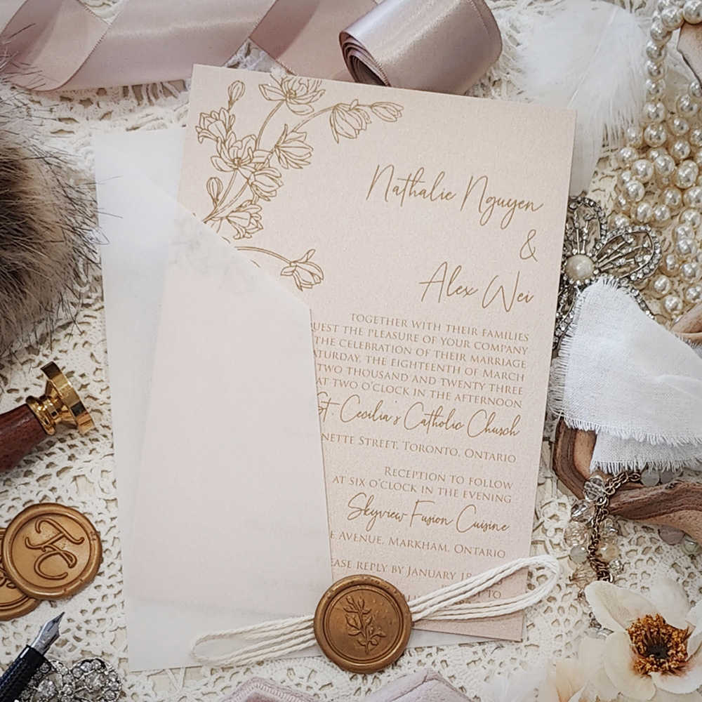 Invitation 3211: Blush Pearl, Gold Wax, String Ribbon - Single card on a blush paper with a clear vellum wrap, string and gold wax seal.