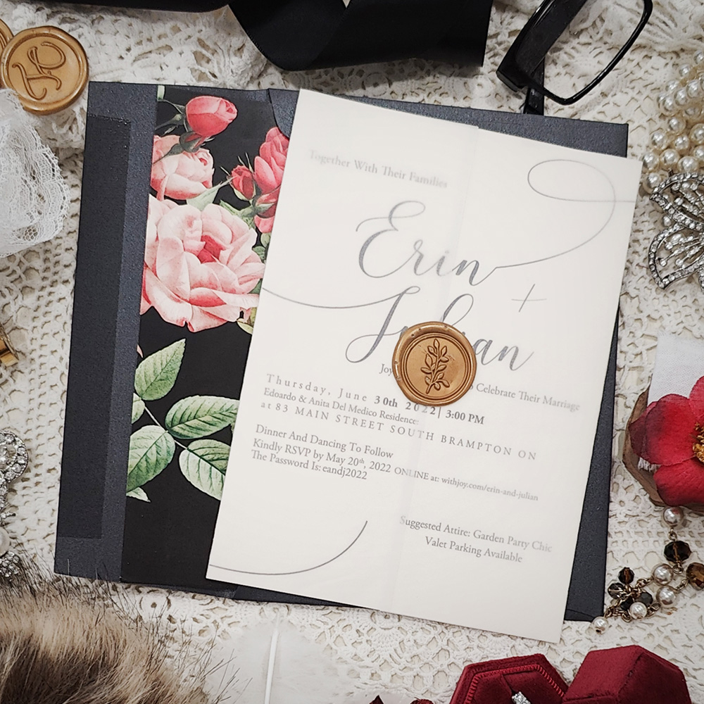 Invitation 3212: Antique Pearl, Gold Wax - Single card invite on a neutral off-white paper with a clear vellum wrap and gold wax seal.