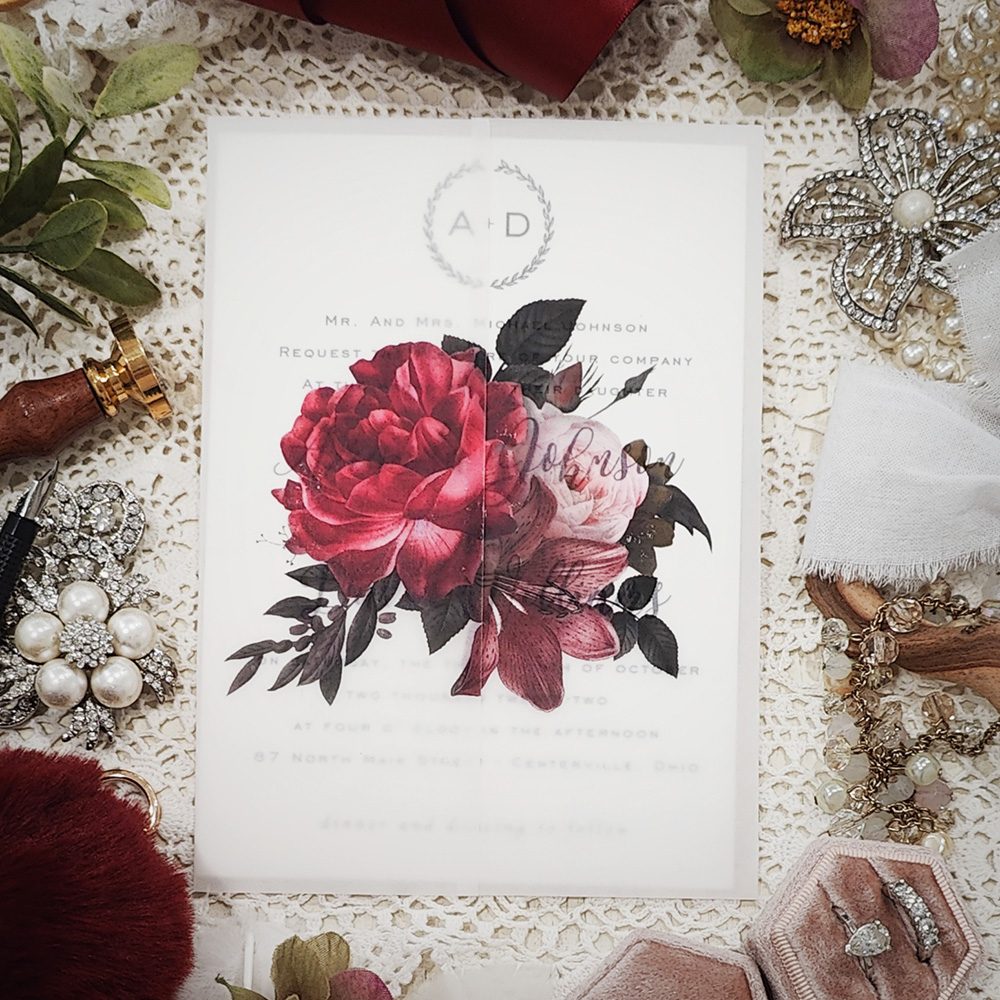 Invitation 3215: Matte White - Single card on white stock with a printed floral vellum wrap.
