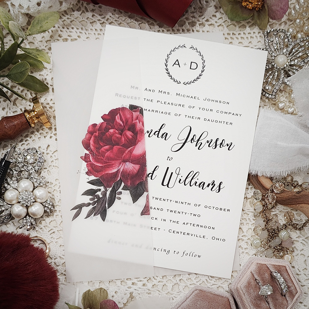 Invitation 3215: Matte White - Single card on white stock with a printed floral vellum wrap.