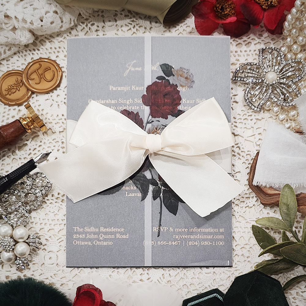 Invitation 3219: Matte Cream, Antique Ribbon - Solid color print invitation wrapped with a clear vellum wrap and finished with an antique bow.
