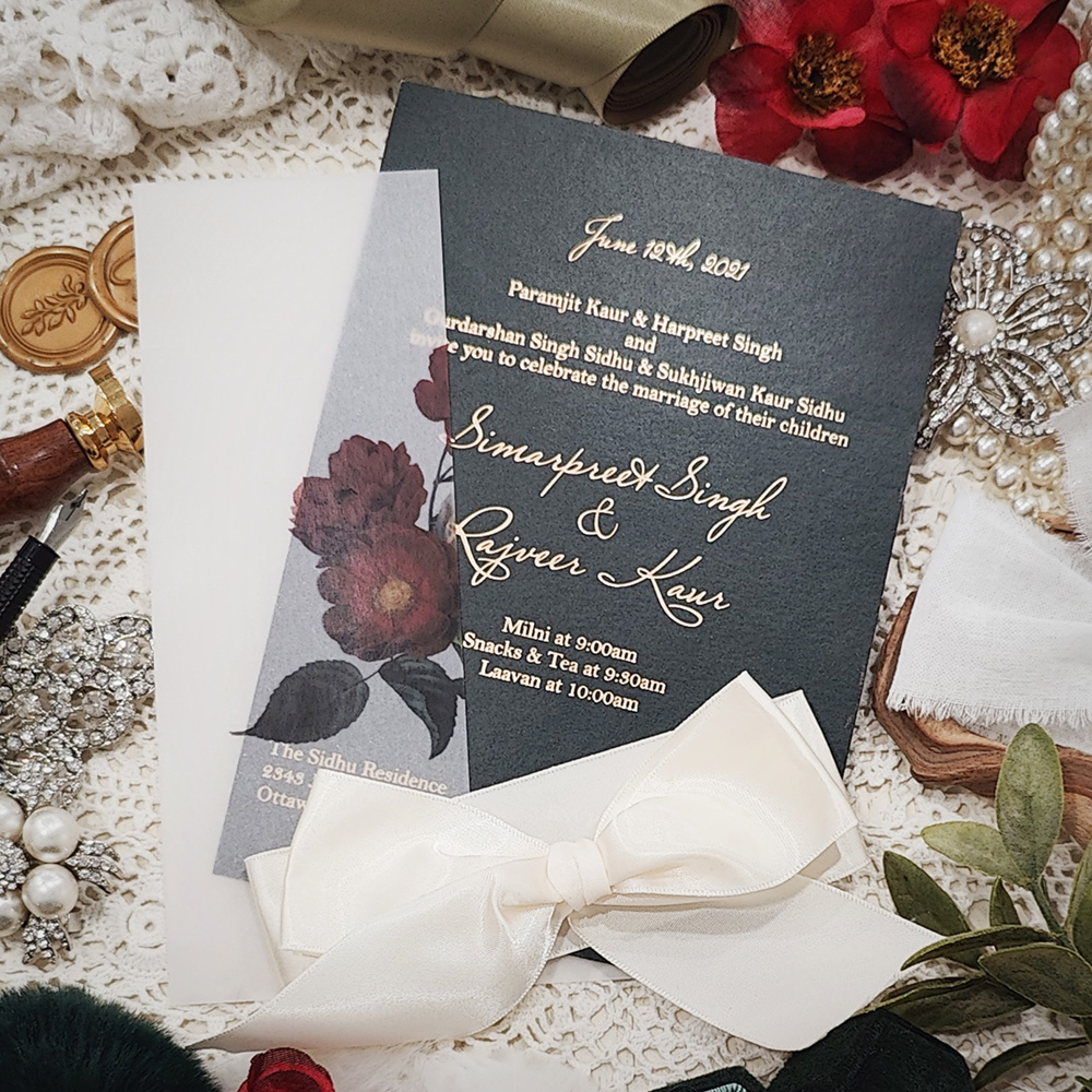 Invitation 3219: Matte Cream, Antique Ribbon - Solid color print invitation wrapped with a clear vellum wrap and finished with an antique bow.