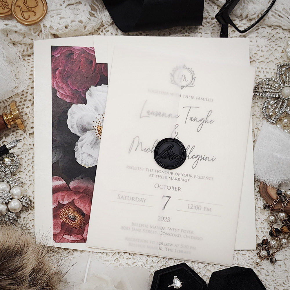Invitation 3220: Antique Pearl, Black Wax - Single card wedding invitation with a clear vellum wrap and black love wax seal stamp.
