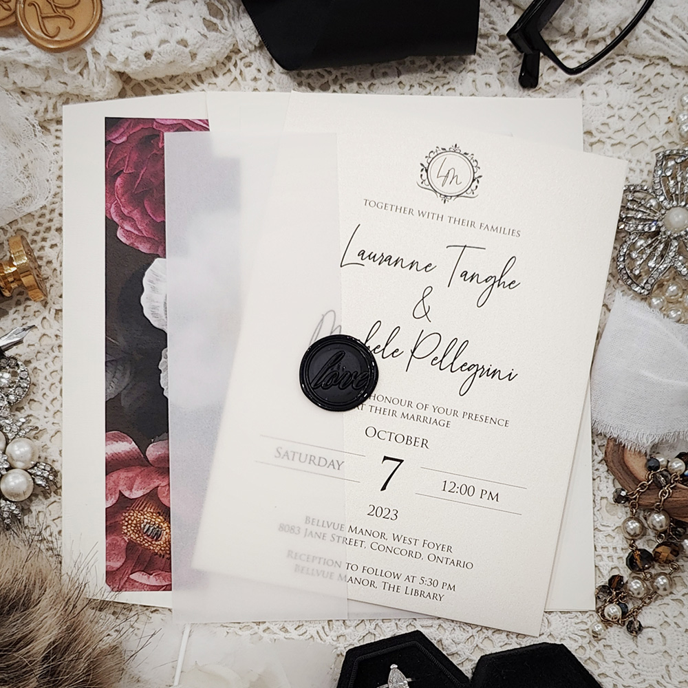 Invitation 3220: Antique Pearl, Black Wax - Single card wedding invitation with a clear vellum wrap and black love wax seal stamp.