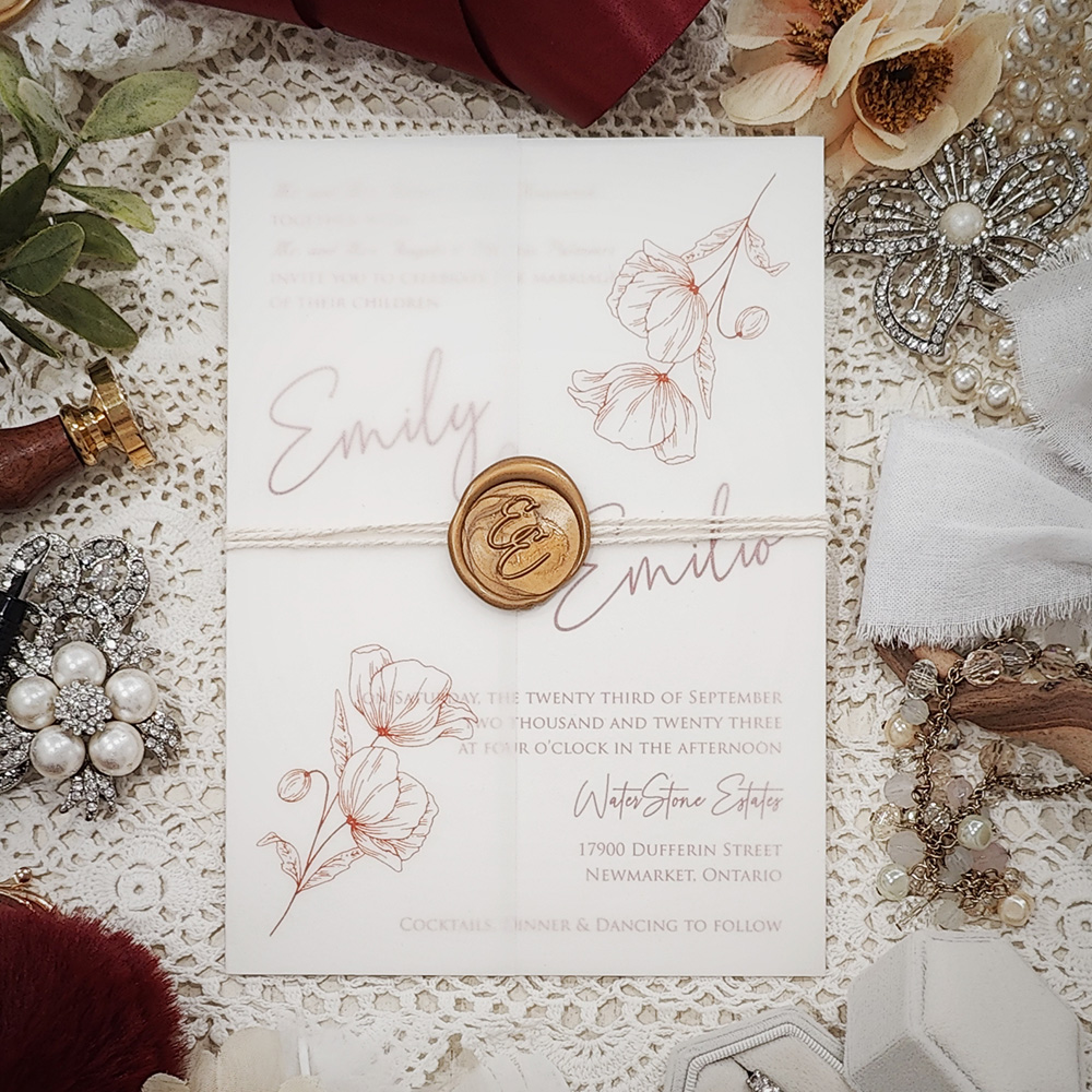 Invitation 3222: Antique Pearl, Gold Wax, String Ribbon - Single card wedding invite on an antique pearl paper with a clear vellum wrap, white string and custom gold wax seal.