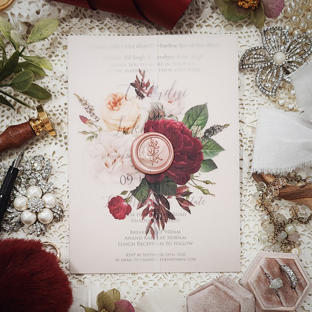 Invitation 3223: Blush Pearl, Blush Wax - blush pearl single panel with vellum wrap and blush wax seal