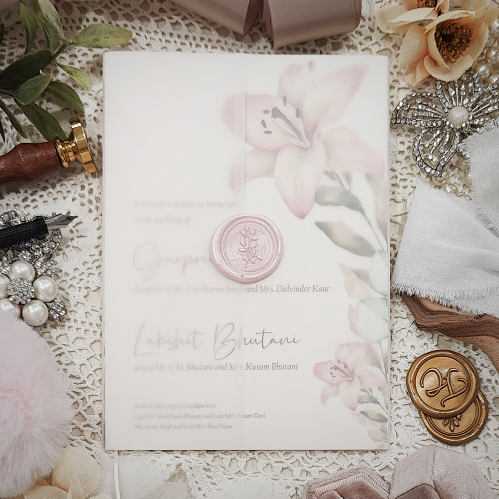 Invitation 3224: Antique Pearl, Pink Wax - Single card wedding invitation on an off white antique pearl paper with a clear vellum wrap and pink branch wax seal.