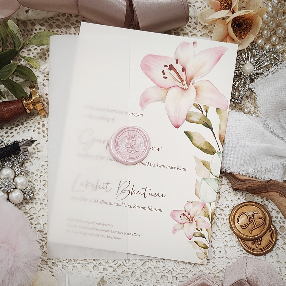 Invitation 3224: Antique Pearl, Pink Wax - Single card wedding invitation on an off white antique pearl paper with a clear vellum wrap and pink branch wax seal.