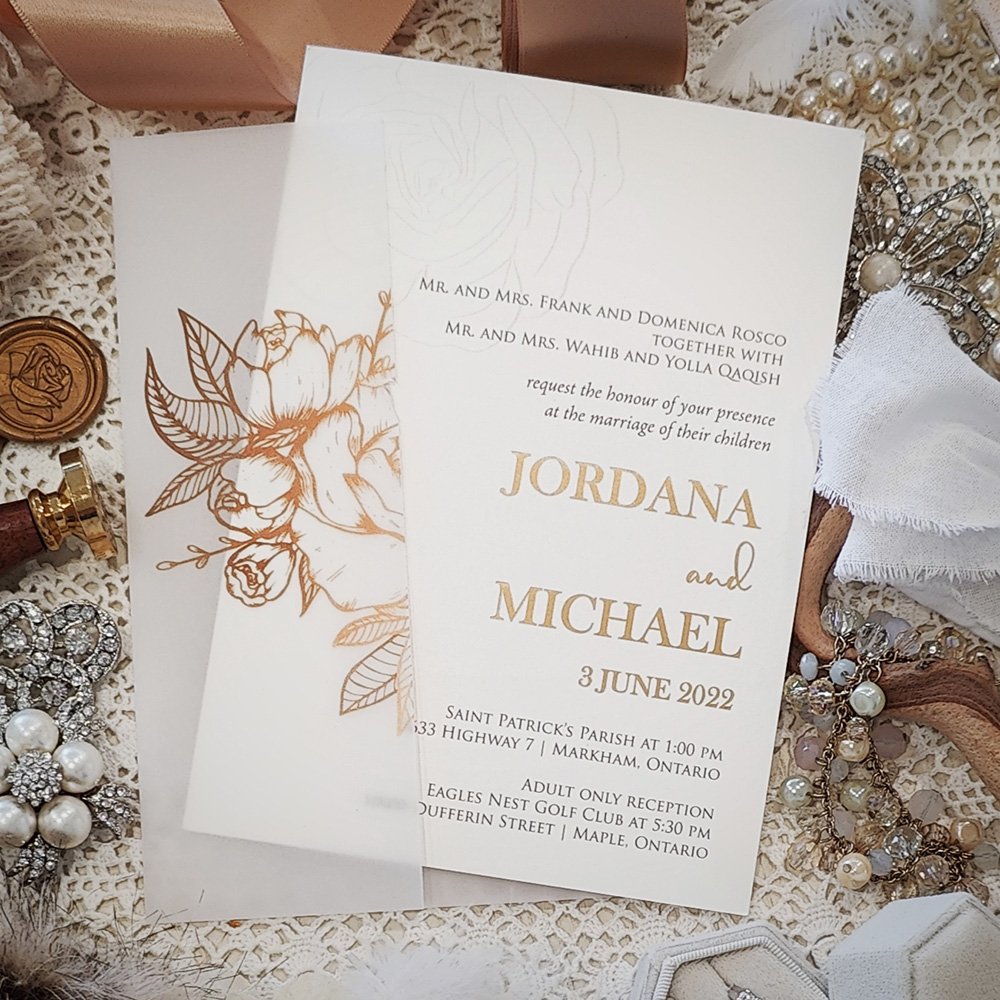 Invitation 3225: Ivory Pearl - Ivory pearl single card wedding invite with a gold printed floral vellum wrap.