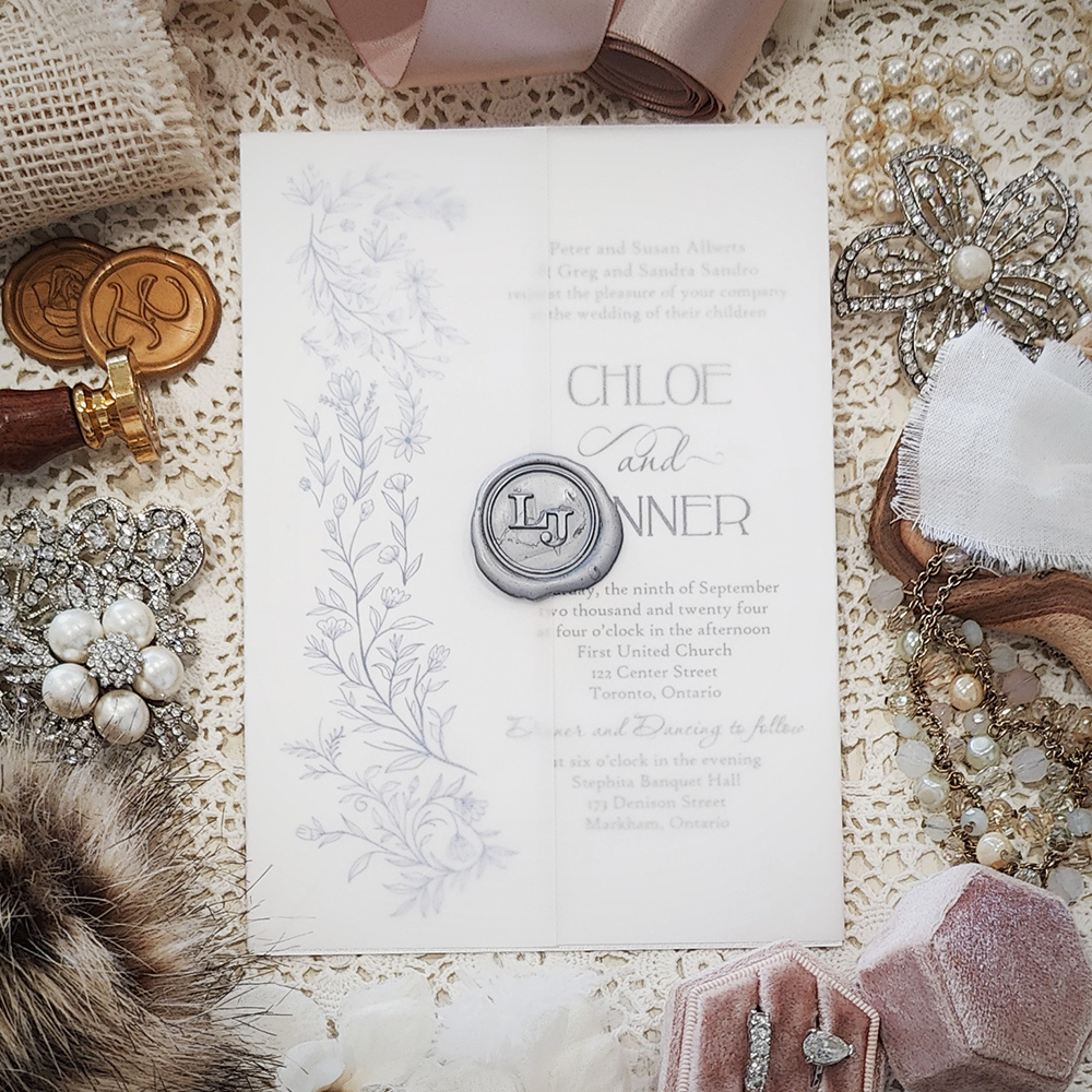 Invitation 3227: Ice Pearl, Silver Wax - Single card wedding design on the ice pearl paper with a clear vellum wrap and custom silver wax seal stamp.