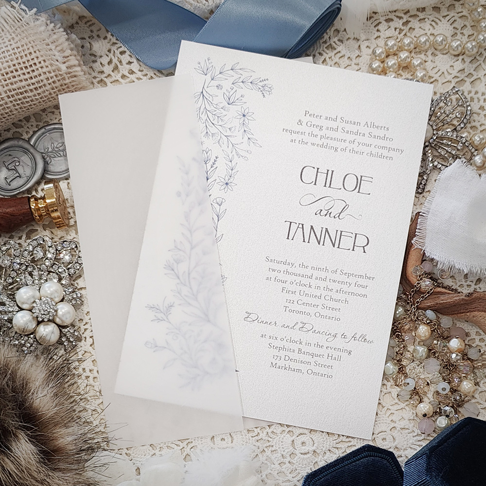 Invitation 3227: Ice Pearl, Silver Wax - Single card wedding design on the ice pearl paper with a clear vellum wrap and custom silver wax seal stamp.