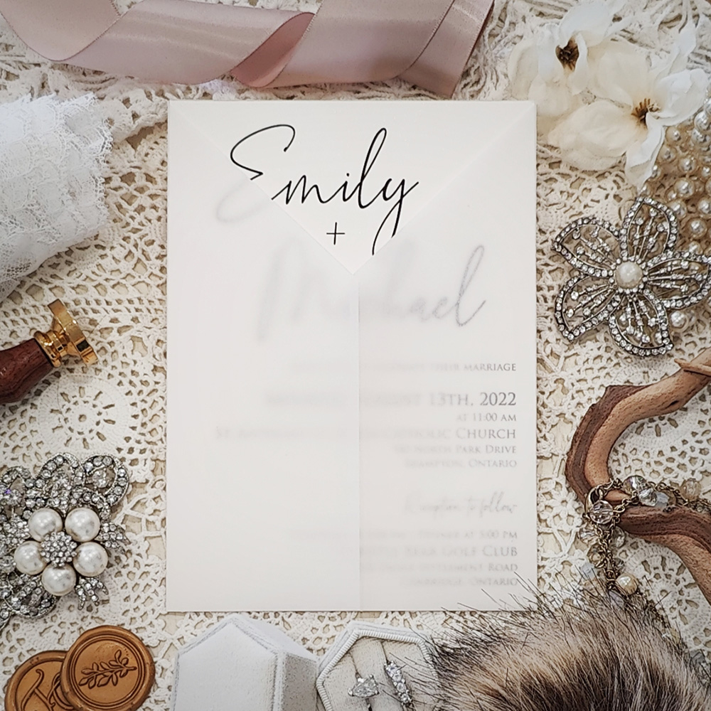 Invitation 3229: Ivory Pearl - Single card wedding invitation with a modern font combo layout.  There is a special gate fold vellum wrap.