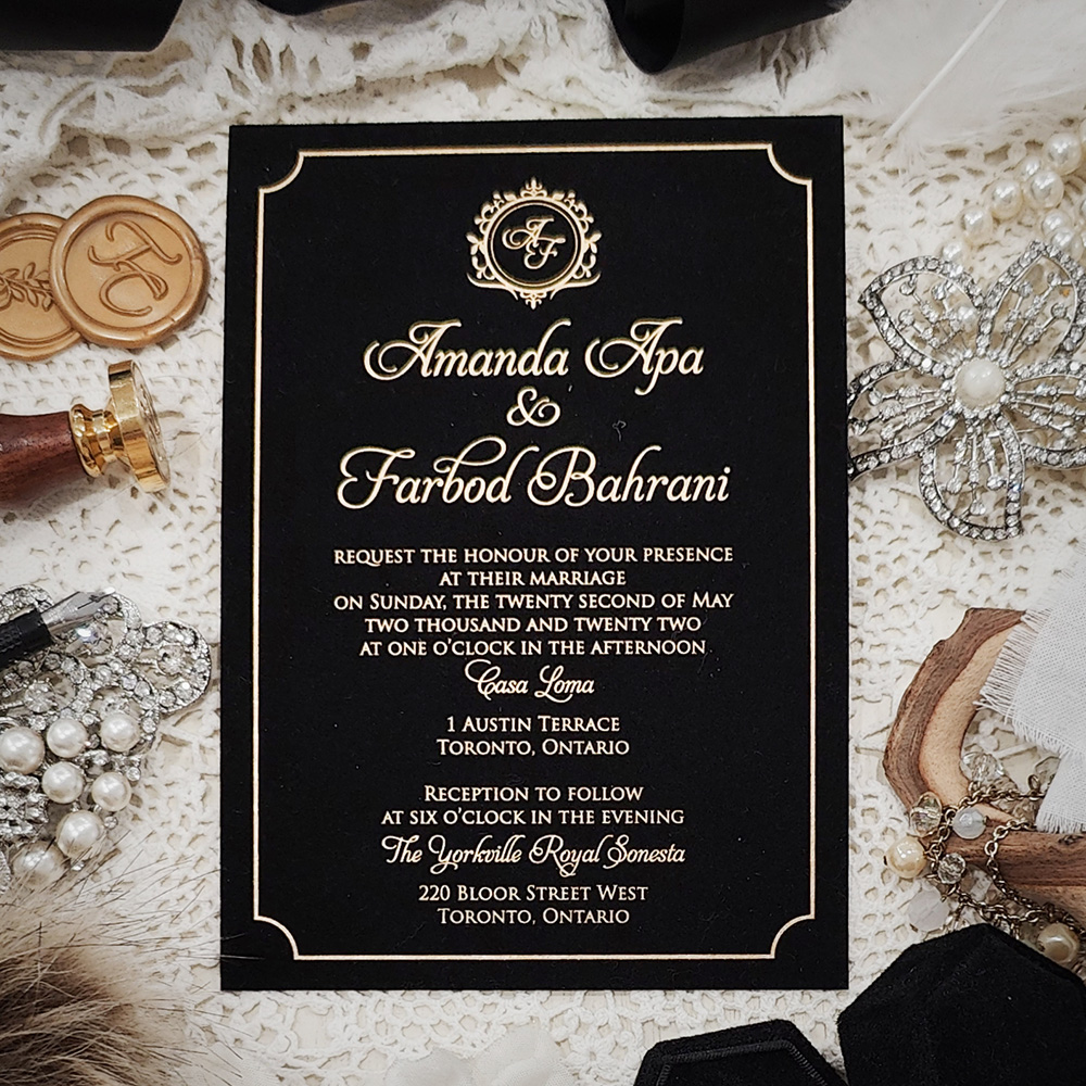 Invitation 5400: Black Velvet - Black velvet wedding invite with gold foil stamped layout.