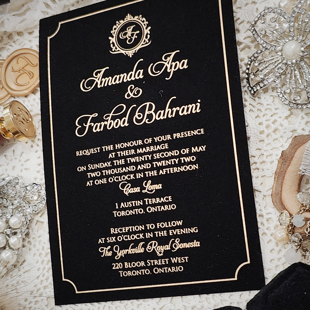 Invitation 5400: Black Velvet - Black velvet wedding invite with gold foil stamped layout.