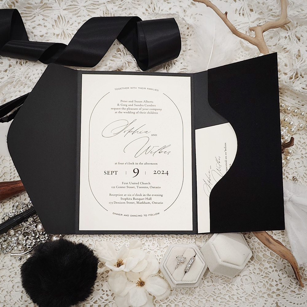 Invitation 5401: Black Velvet, Cream Smooth, Ivory Wax - Black velvet pocketfolder wedding invitation with a ivory wax seal.