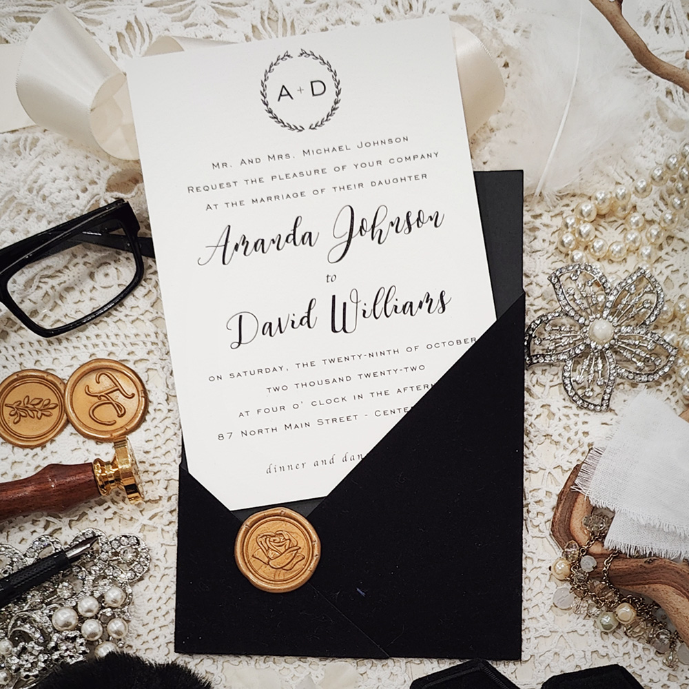 Invitation 5402: Black Velvet, Cream Smooth, Gold Wax - Black Velvet pocket style wedding invite with a gold wax seal.