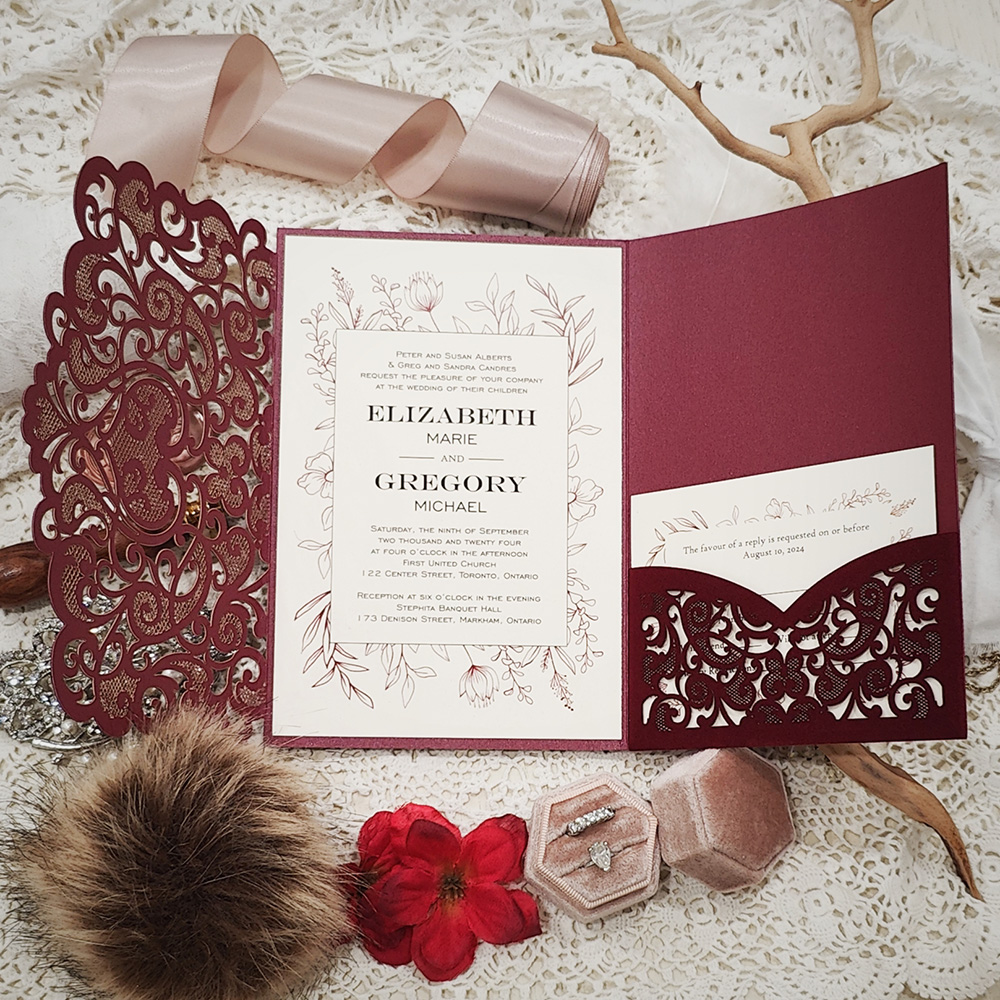 Invitation 5403: Burgundy Velvet, Cream Smooth, Blush Wax - Sherry Velvet damask pattern laser cut pocketfolder with a blush wreath wax seal.