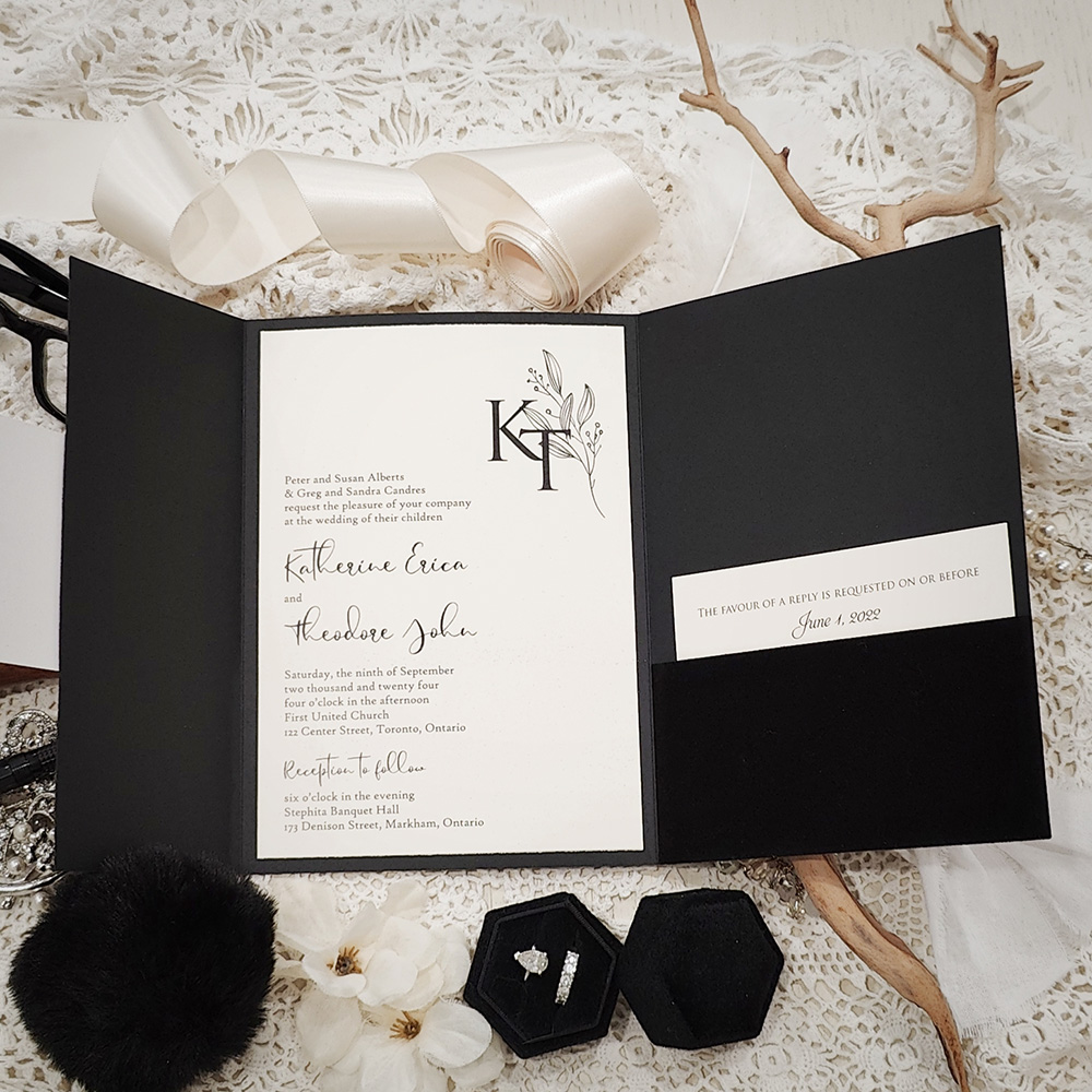 Invitation 5405: Black Velvet, Gold Mirror, Cream Smooth - Black velvet pocketfolder with a gold mirror layered cover tag.