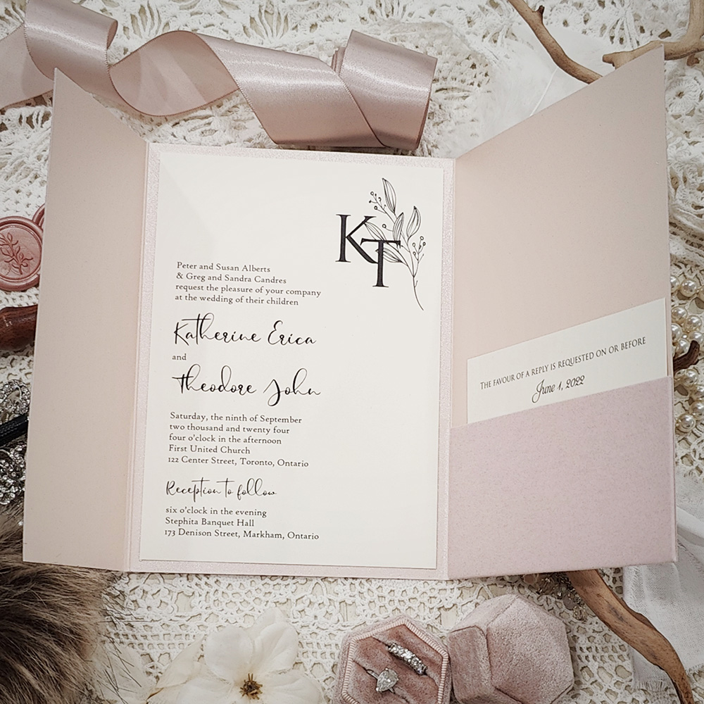 Invitation 5407: Blush Velvet - Blush velvet pocketfolder with a vellum belly band wrap.