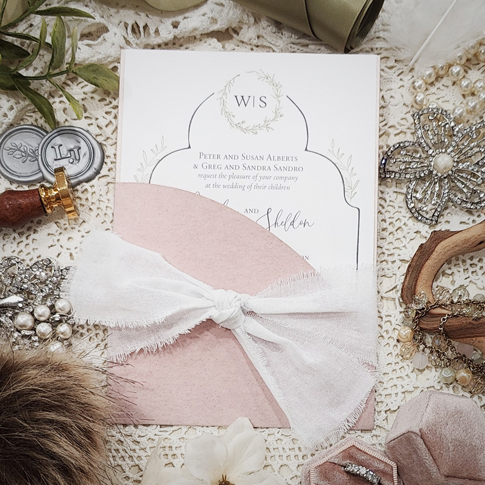 Invitation 5408: Blush Velvet, White Ribbon - Blush Velvet pocket style wedding invite with a torn white knot ribbon.