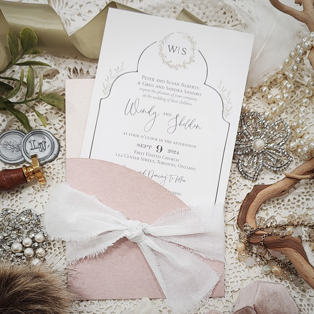 Invitation 5408: Blush Velvet, White Ribbon - Blush Velvet pocket style wedding invite with a torn white knot ribbon.