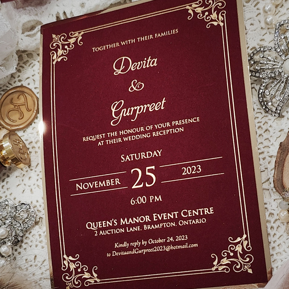 Invitation 5411: Burgundy Velvet, Gold Mirror - Burgundy Velvet wedding invitation with gold mirror backing.  The layout is gold foil pressed.