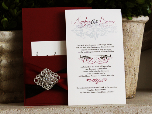 Invitation 704: Red Lacquer, Red Lacquer, Cream Smooth, Black Ribbon, Black Ribbon, Sherry Ribbon, Brooch/Buckle A9, Metal Filigree F2 - Silver