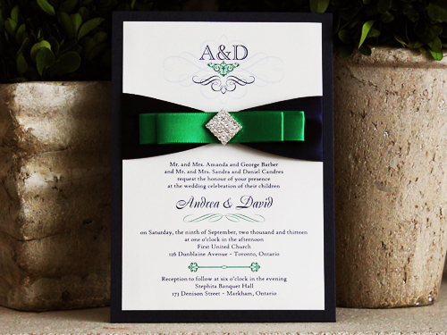 Invitation 707: Navy Pearl, Cream Smooth, Navy Ribbon, Emerald Ribbon, Emerald Ribbon, Brooch/Buckle I