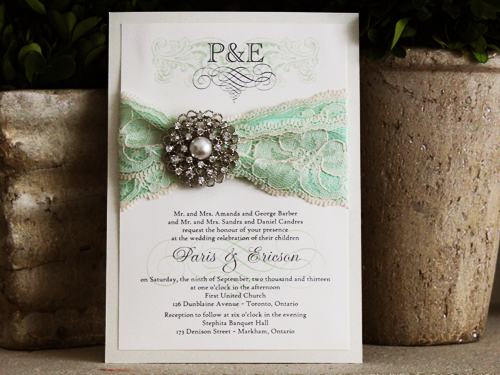 Invitation 709: Champagne Pearl, Cream Smooth, Mint Ribbon, Mint Ribbon, Cream Lace, Brooch/Buckle A6 - Single layered card with a combo lace and ribbon detail with a brooch