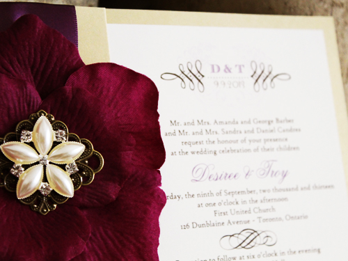 Invitation 719: Gold Dust, Cream Smooth, Grape Ribbon, Brooch/Buckle B, Metal Filigree F4 - Bronze, Flower Color Magenta