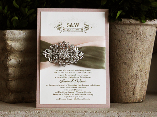 Invitation 727: Blush Pearl, Cream Smooth, Blush Ribbon, Blush Ribbon, Light Sage Ribbon, Brooch/Buckle A11, Metal Filigree F4 - Silver