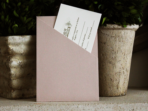 Invitation 727: Blush Pearl, Cream Smooth, Blush Ribbon, Blush Ribbon, Light Sage Ribbon, Brooch/Buckle A11, Metal Filigree F4 - Silver
