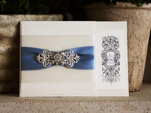 Invitation 729: Champagne Pearl, Champagne Pearl, Cream Smooth, Antique Ribbon, Antique Ribbon, Blue Mist Ribbon, Brooch/Buckle A9, Metal Filigree F4 - Silver