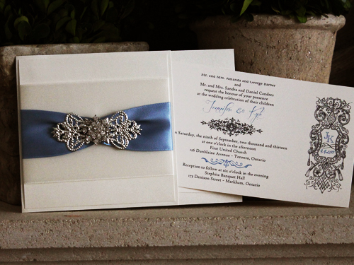 Invitation 729: Champagne Pearl, Champagne Pearl, Cream Smooth, Antique Ribbon, Antique Ribbon, Blue Mist Ribbon, Brooch/Buckle A9, Metal Filigree F4 - Silver