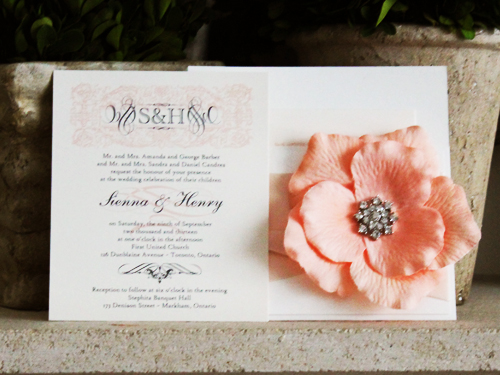 Invitation 732: Antique Pearl, Cream Smooth, Blush Ribbon, Blush Ribbon, Brooch/Buckle A9, Flower Color Peach