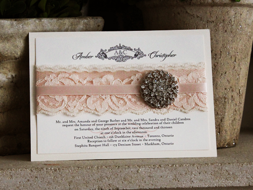 Invitation 735: Ivory Pearl, Cream Smooth, Blush Ribbon, Blush Ribbon, Brooch/Buckle X