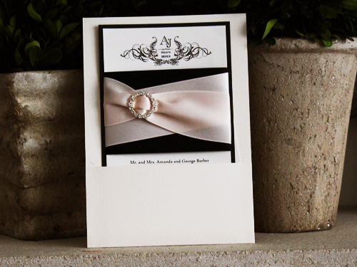 Invitation 741: White Gold, Black Pearl, Cream Smooth, Black Ribbon, Black Ribbon, Blush Ribbon, Blush Ribbon, Brooch/Buckle L