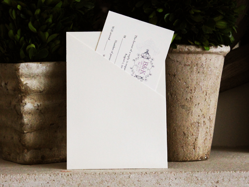 Invitation 744: White Gold, Cream Smooth, Silver Ribbon, Grape Ribbon, Cream Lace, Brooch/Buckle W